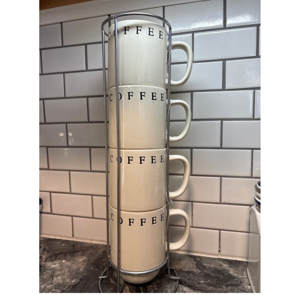 Stackable Coffee Mug Set of 4 (15oz)with Silver Metal Rack